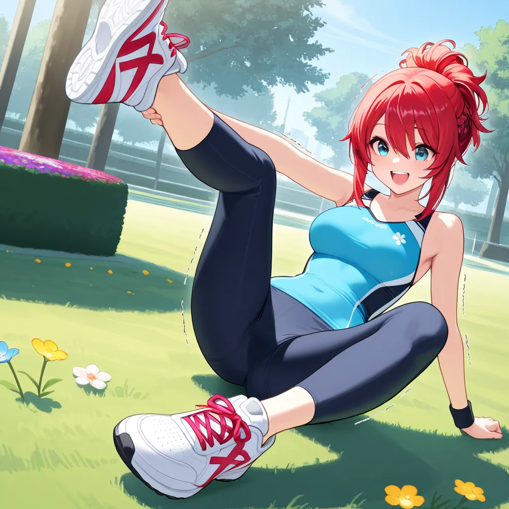 （ Masterpiece、 high quality)、「In the park on a bright morning、please draw a scene where a beautiful red-haired woman is running briskly。while shaking her red hair up to her shoulders、she is wearing light sportswear、 wearing sneakers 。Green trees around々and...