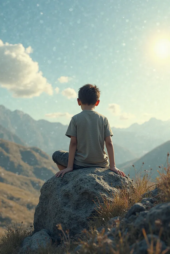 The boy sitting on a rock, gazing at the sky with a thoughtful expression. His eyes are filled with a spark of realization that he must take action, despite his fears.