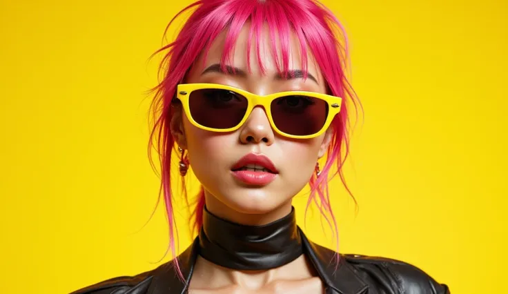 yae miko wearing trendy yellow sunglasses, yellow background, pink hair, purple eyes, detailed portrait, beautiful face, elegant expression, dynamic pose, intricate details, high quality, digital art, cinematic lighting, vibrant colors, photorealistic, 8K,...