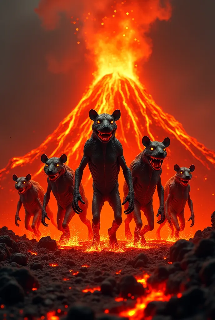  In the background, a volcano with boiling lava. In the center of the frame are five Worst Powerful Creatures Without Hair, created from red LAVA, THAT DIGS OFF THEIR BODIES. ready to attack , aggressive, as scary as the devil of hell. The angry rat and th...