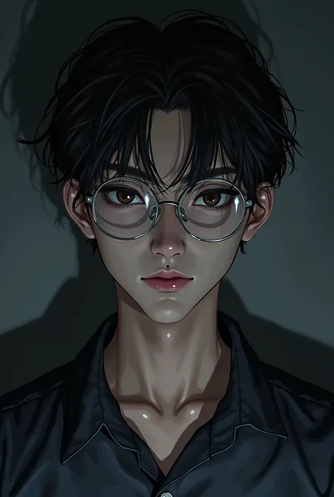 Manhwa boy with transparent glasses and give him a mole under his lip give him medium long haircut image should be dark and mysterious. 