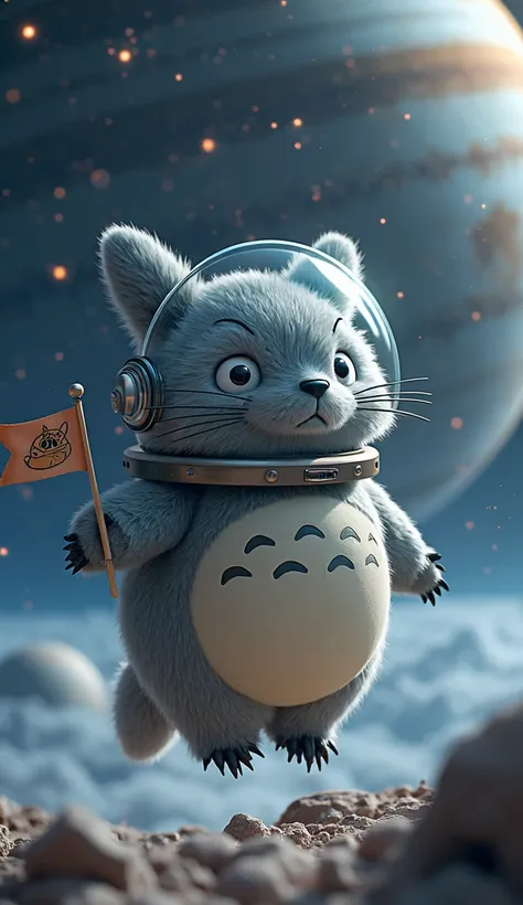 3D fur Totoro With astronaut Costume at the Jupiter at night  light at the Jupiter  solar handle Totoro flag with alots of star lighting space at night Wallpaper 3D 