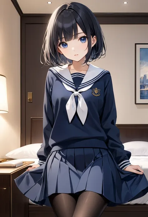 masterpiece, Highest quality, 1 girl, hand between legs, solo, SMALLE BREASTS,  dark blue eyes, black hair, bangs, short bob hair, from the front,  Winter clothes、 navy blue、 sailor suit、 Long Sleeve、 navy blueのプリーツスカート, (midi length skirt:1.2), Black pant...