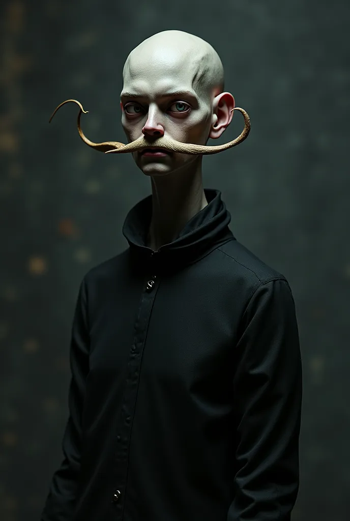 Person a with curved shoulders, thin and long head with long mustaches in dark style

