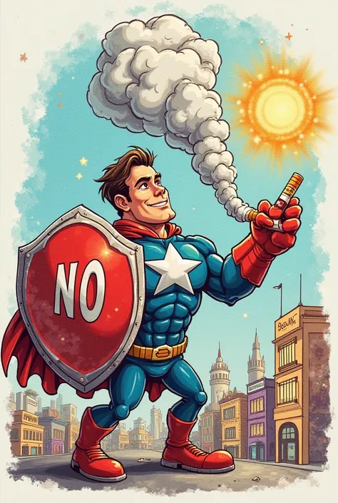 A colorful cartoon-style drawing of a strong superhero character blocking a cloud of smoke with a shield that says 'No Tobacco.' The smoke comes from a cigarette, which looks weak and crumbling. Behind the superhero, a bright and happy city labeled 'Clean ...