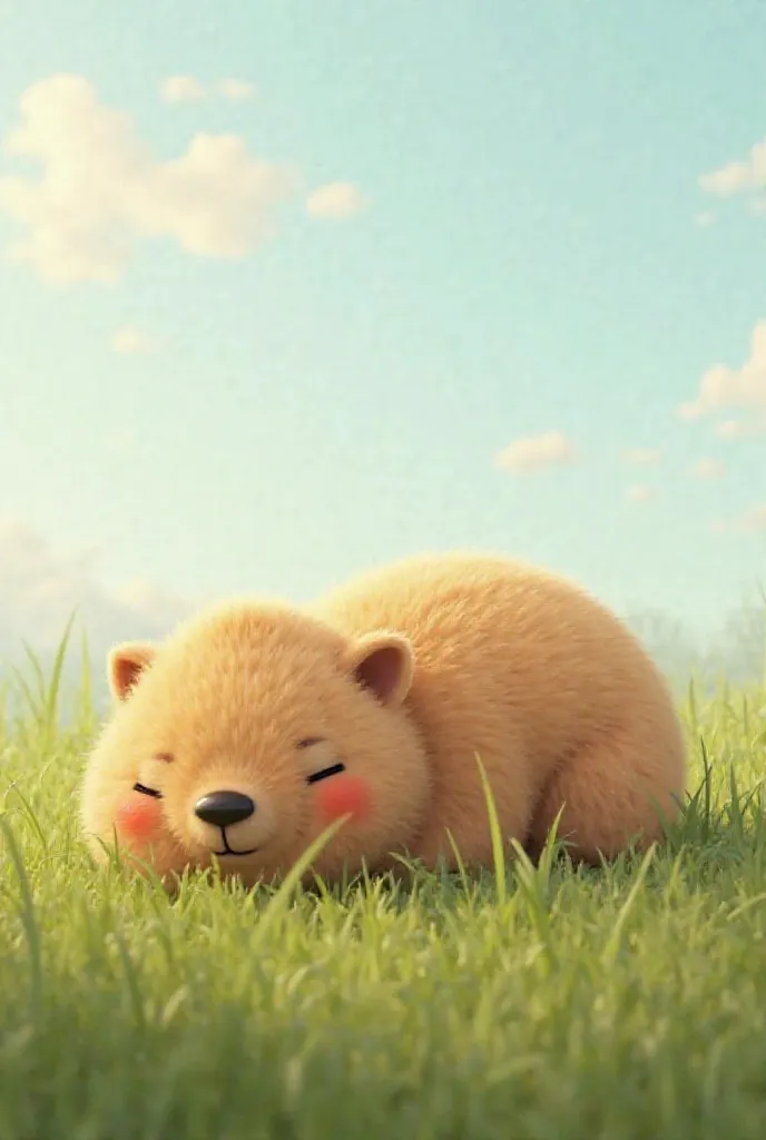 Realistic cute real fluffy real capybara is a 3D capybara staring at the sky while sleeping in the grass、An even cuter capybara