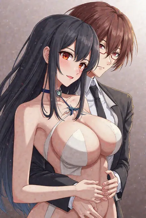 masterpiece, best quality, very aesthetic, absurdres, safe, 1girl, 1boy, breasts, taihou_(azur_lane), hetero, grabbing_another's_breast, nipples, grabbing, black_hair, red_eyes, huge_breasts, long_hair, commander_(azur_lane), girl_on_top, cum, sex, straddl...