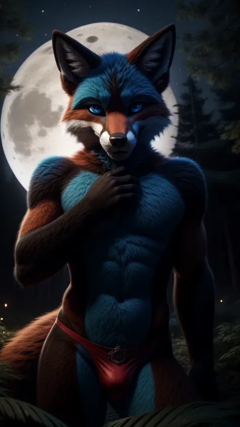 suggestive content A fursuit Fox male a passionate Indian alone in the forest bright blue eyes blurred night background with full moon looking at the viewer serious expression wearing only a thong extremely sexy a unique and original cinematic style in 5D