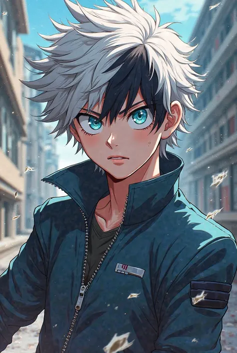 My Hero Academia style 2d image of a young adult with disheveled white half-black hair and light blue eyes,  in the uniform of the u.a