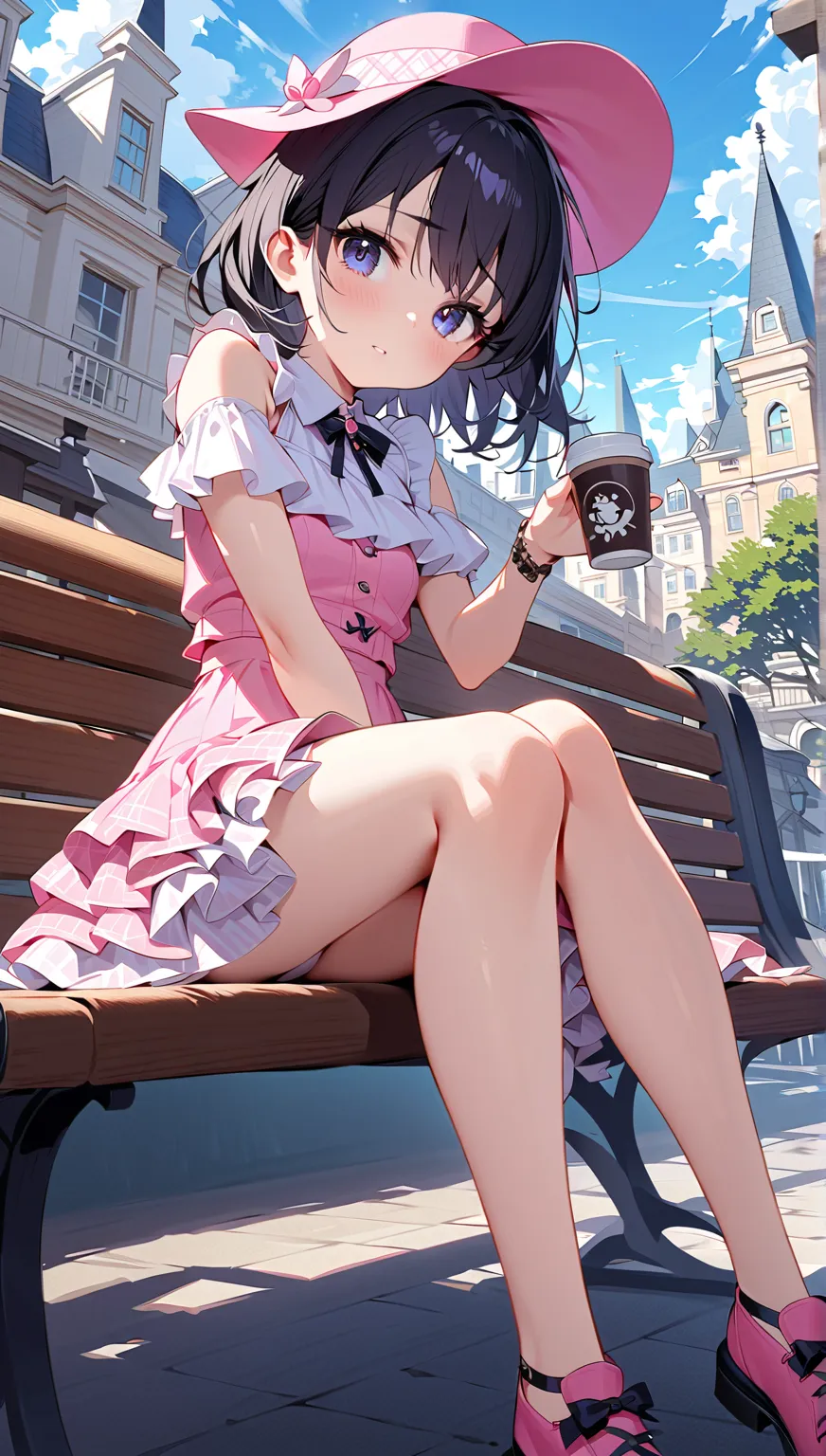 ( best quality ,  high resolution ,  Textured skin , high quality, high detail,  extremely detailed CG unity), age girl ， magic 少女，Black short hair，Black Eyes，pink small hat，抱着 magic 棒， magic ，cute，Multi-layered ruffles，Lace，Beautiful patterns，Dress nicely...