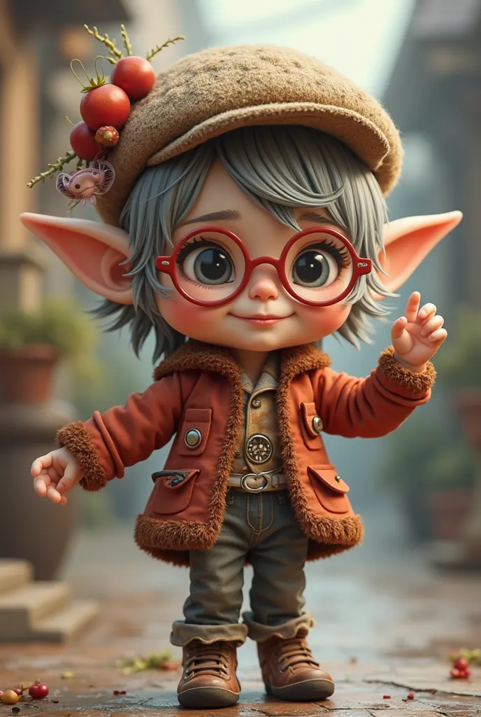 A baby girl  ，personal， pointy ears，gray hair，women's hat, round red-framed glasses，  steampunk，High resolution Dancing Cheerful. "Realistic image"