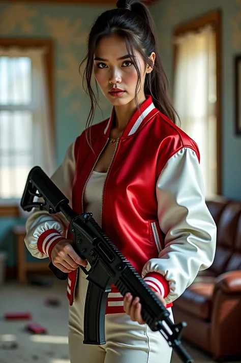 living room background, wasteland,, fragments, soft feminine red and white satin bomber jacket,  woman holding rifle，fighting stance，almost perfect, pure form, intricate details, 8K post-production, high resolution, super detailed, Popular topics on Artsta...