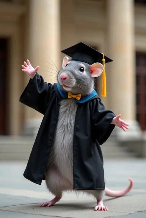 ponerlA small gray rat standing upright and dancing, wearing a graduation cap (birrete) and a black academic gown (toga). The rat is positioned in front of a grand university building with large columns and an academic atmosphere. The scene is lively and c...