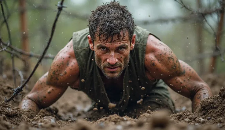 A grueling military-style obstacle course, the man crawling through the mud under barbed wire, his face covered in dirt, determination shining in his eyes.