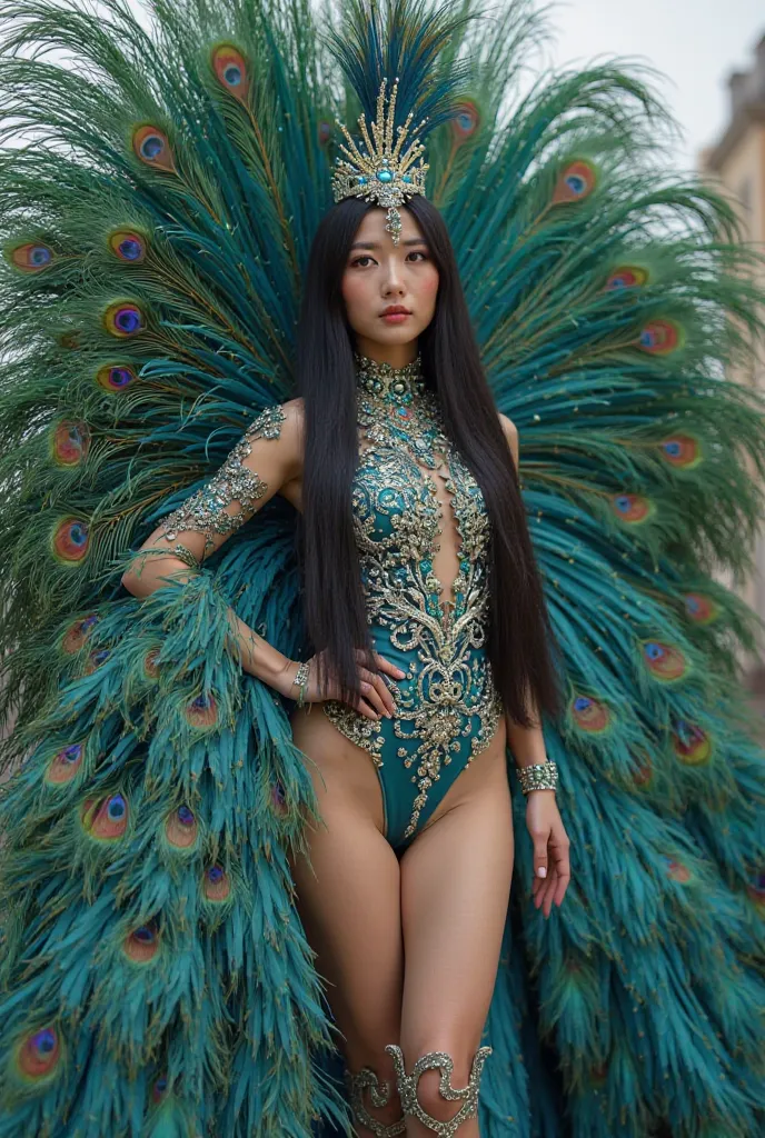  Korean woman, long long black hair, Dressed in an extravagant outfit inspired by peacock feathers, the clothes consist of a swimsuit detailed with embroideries and rhinestones in the colors green and blue,  that extends to the thighs ,leaving his legs sho...