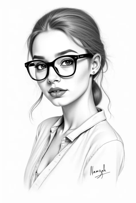 Make a pencil sketch of hot young lady with glasses and of name hamzah is written on the side of paper 