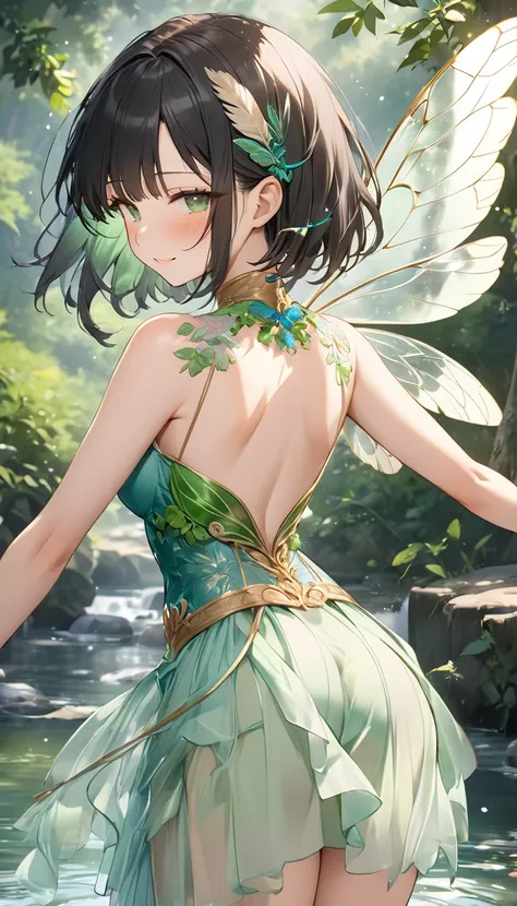 （ short hair bob black hair、bangs、 sideburns are long）（Height: 160cm、 Sexy Body ）((The idol's light and beautiful costume makes you feel the fluttering wings of a river cicada. The colors are based on pale blue and green, reminiscent of a clear waterside. ...