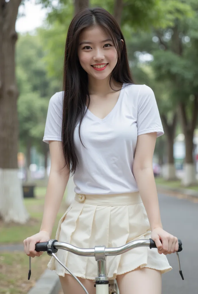 WOMAN THAI WOMAN,20 YEARS OLD,FAIR SKINNED,165 CM TALL,45 KG WEIGHT,LONG BLACK HAIR,PINK LIPS,Unbuttoned sexy dress white A very short mini skirt that was faded and had many rips. Riding a Japanese vintage bicycle Cream color with meticulous details, Panth...