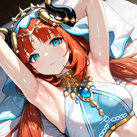 (masterprice, HDR, 2k, High Resolution) 1girl, solo, nilou, red hair, twintails, blue eyes, long hair (genshin impact) ((armpits, zoom in armpits, focus armpits, showing armpits, very detailed armpits, armpit crease, armpits detailed, shiny armpits, detail...