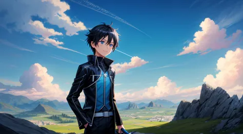 kirito boy\(star\), Black suit, light blue_sky,  shy, Open now_mouth, Cloud, Cloudy_sky, day, katana sword in hand, arm, grass,  short black hair, looking_at_converter, mountain, outdoor, Rock , sky, smile alone, Fantasy Anime Lighting, anime fantasy