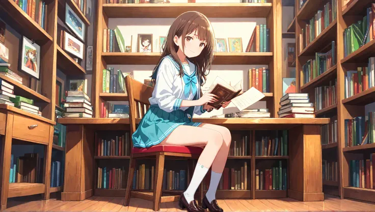 18 year old girl with long brown hair  、 and。
background： quiet corner in the library .
Performance：Calm and intelligent Performance.
costume： high school uniforms .
stop temporarily：sitting on a chair、 turning pages .
scene： focus on books in a quiet envi...