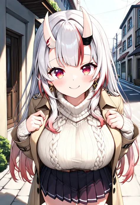 (Highest quality , 8k , masterpiece , incredibly absurdres , perfect body , super detailed skin , highly detailed eyes and face , 1 woman ) ,  nakiri ayame , Silver Hair , red eyes , demon horn , smile ,  will be happy , ( trench coat , 白いaran sweater , pl...