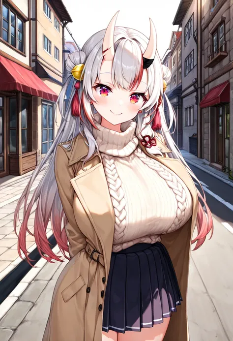 (Highest quality , 8k , masterpiece , incredibly absurdres , perfect body , super detailed skin , highly detailed eyes and face , 1 woman ) ,  nakiri ayame , Silver Hair , red eyes , demon horn , smile ,  will be happy , ( trench coat , 白いaran sweater , pl...