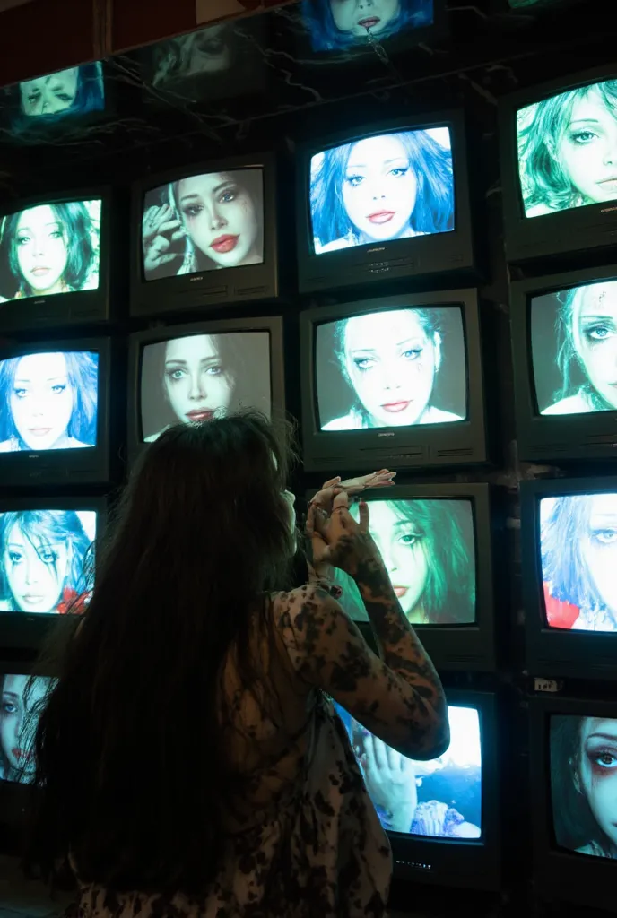 A **brunette woman in full SAD CLOWN makeup stands in front of a massive wall of old CRT televisions**, each screen **flickering with grainy VHS visuals of herself, looping endlessly as she sobs and applies more makeup**.

Her **long, dark hair clings to h...