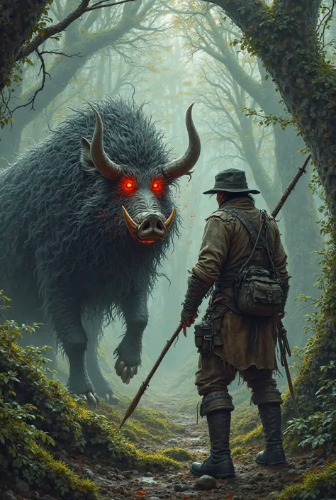 A hunter walks into a wild boar with a demon