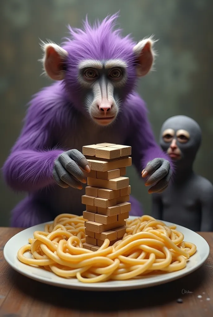 A purple-haired baboon on a plate of noodles plays jenga with an imaginary friend with a depressing look