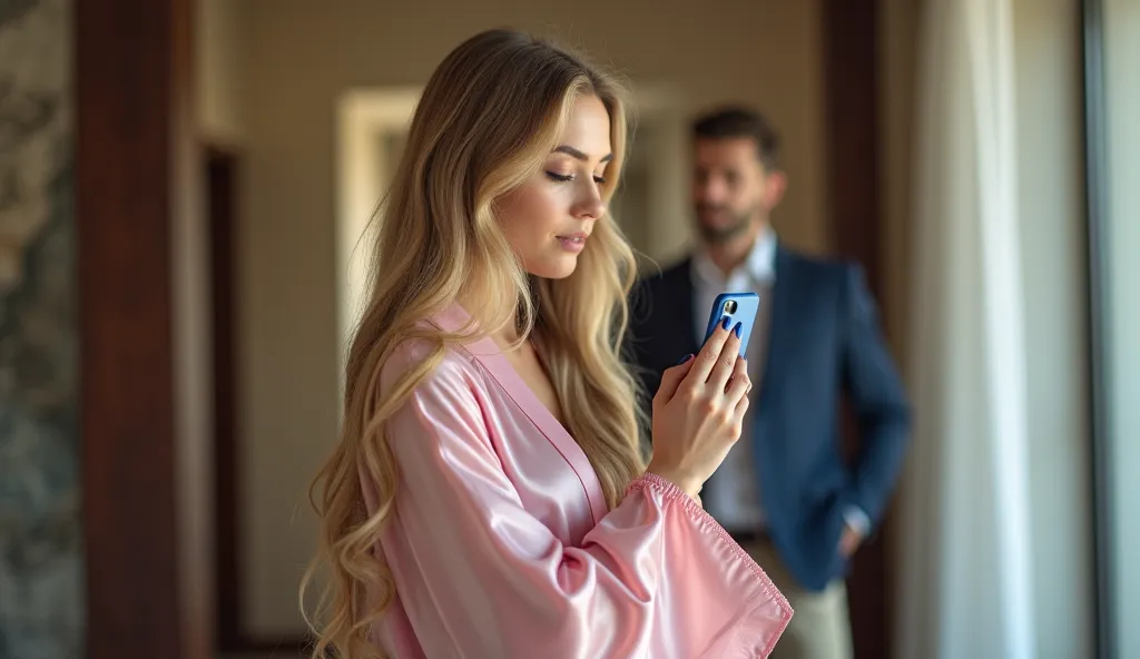 Young woman with very long golden hair, dressed in a transparent pink silk robe, looks at her mobile phone, writes on the phone screen, blue high heels, behind her there is a man watching her, woman in the foreground, man further away in the background