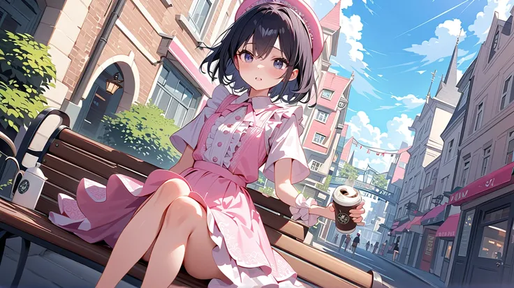 ( best quality ,  high resolution ,  Textured skin , high quality, high detail,  extremely detailed CG unity), age girl ， magic 少女，Black short hair，Black Eyes，pink small hat，抱着 magic 棒， magic ，cute，Multi-layered ruffles，Lace，Beautiful patterns，Dress nicely...