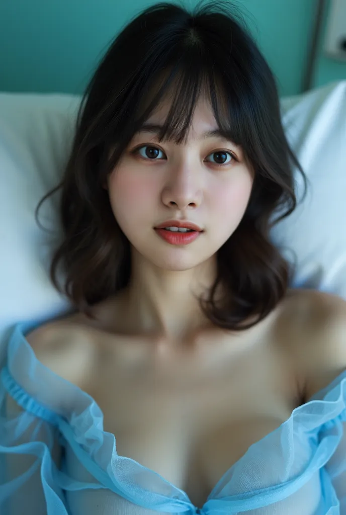 face close-up,  young woman with semi-long hair and bangs ,  she was so sexy,   Low, showing her chest and collarbone. she was wearing a blue sheer mini dress.  she was sitting on a hospital bed . The background is a hospital room . I'm wearing 、 she looks...