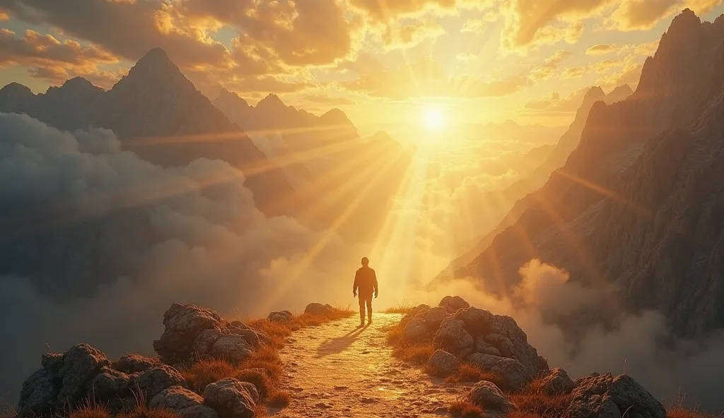 An inspirational and heavenly scene, where a golden path of light crosses a mountainous landscape, symbolizing the journey of faith. IN THE SKY, golden rays descend on a man standing on the path, representing the just living by faith. The environment trans...