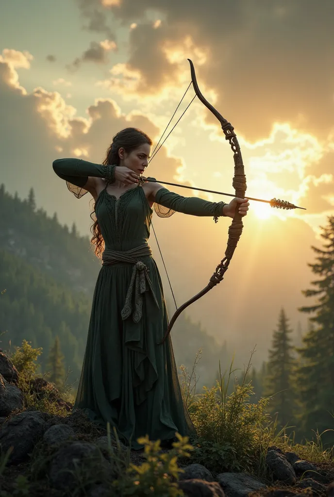 Cinematic scene of an elf (Tolkenian), Shooting an arrow , standing, with good posture and looking proud