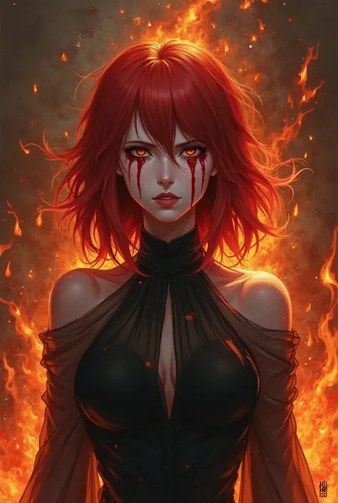 Fire witch with cherry-red square hair crying blood 