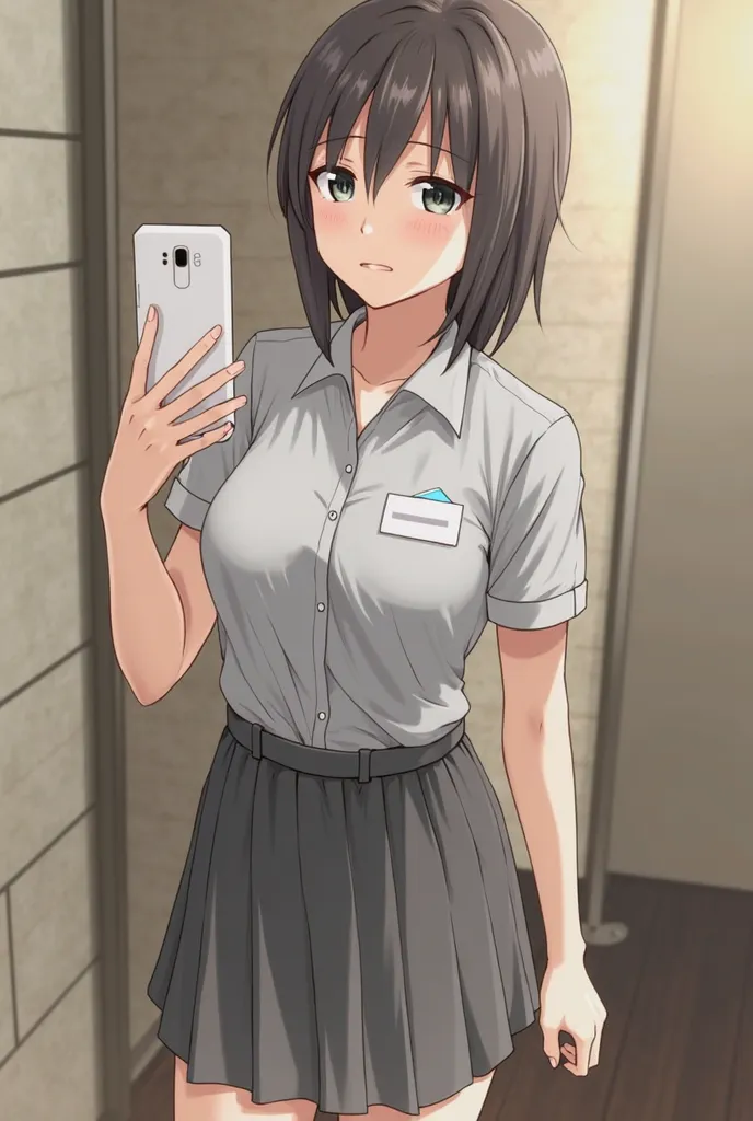 arafed woman taking a selfie in a short skirted shirt, a picture by Sengai, tumblr, shin hanga, seifuku, 2263539546], short sleeves, shirt, gray shirt, button - up shirt, 1285445247], 🚿🗝📝, work clothes