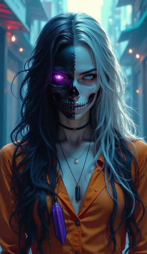 in the style of ckcr, Portrait of a mysterious woman with skull mask, her glowing purples eyes, contrasted with pale, almost alabaster skin. Long hair is a mix of white and black; black on one side, white on the other. He wears urban clothing in orange, pu...