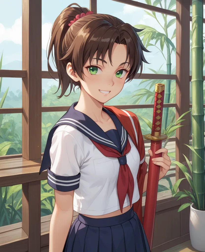 young mature beautiful,cool,tomboy,lady,brown ponytail hair,green eyes,tsurime,Small breasts,Wearing sailor School uniform,Dilapidated concrete room,Ridicule,Bamboo sword on shoulder,Fearless smile,standing,1960s,japan,