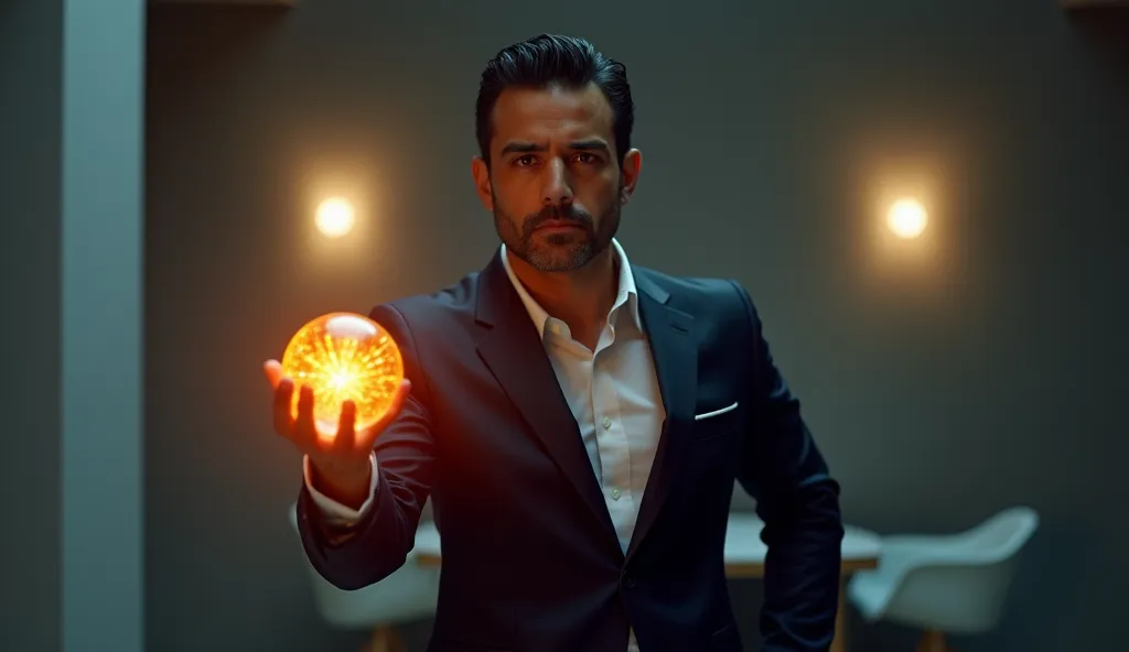 A confident Latino businessman with a determined expression, his distinct features exuding Latin charisma, dressed in a perfectly tailored suit, stands alone in a sleek, modern setting. He holds a small, glowing orb in his hand that emits a vibrant, fiery ...