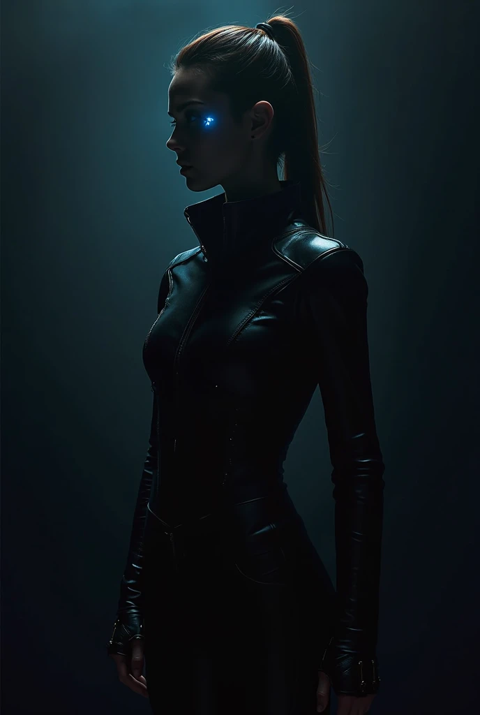 The silhouette of a woman dressed in a leather tazda in a jet black background is emitting an aura with a blue power light behind her left ear. cinematic sci-fi hero movie poster