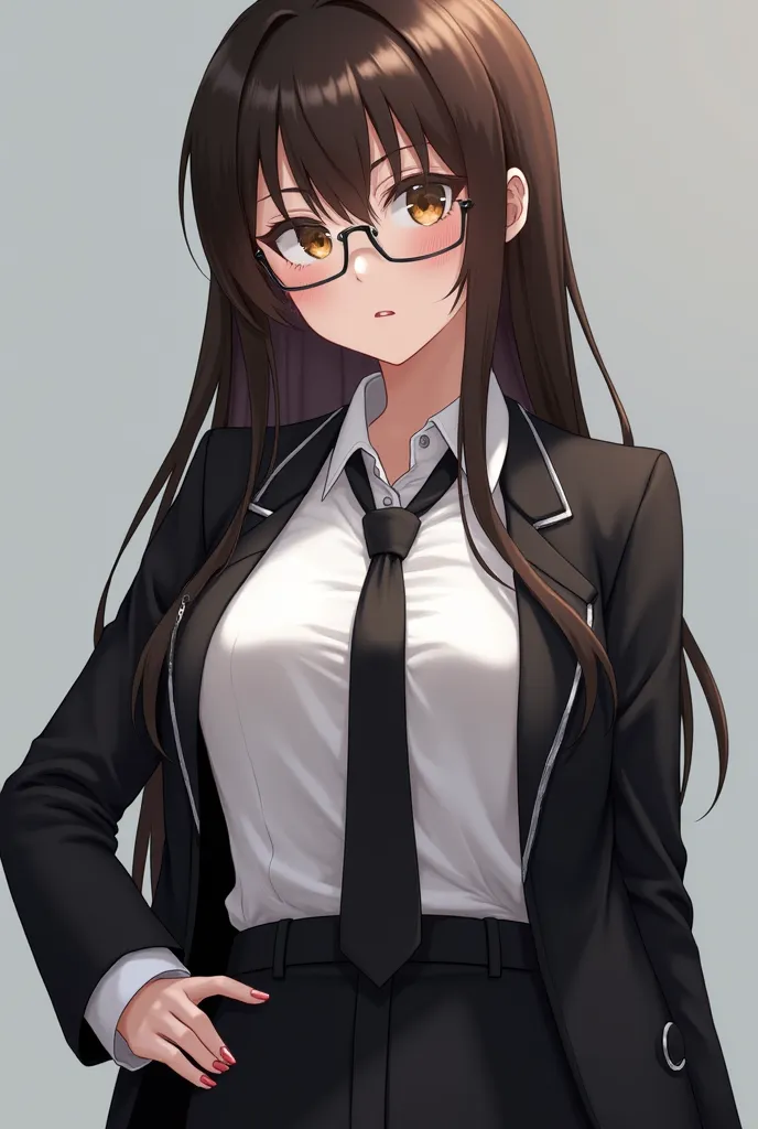 anime tall girl (6 feet ; 181 centimeters), long-legged, with rather large breasts and wide hips, her figure seems more pear-shaped than an hourglass. She has fair and delicate skin. Dark brown hair reaching to the shoulders, a chestnut shade is clearly vi...