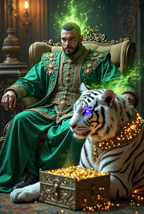 materialized as an valor and regal face of calm short hair muscular slavic Man im short brown hair  Viking-ike necromancer in emerald and gold ornamental robes with armour plates in  with magic flows of deep contrast green and yellow glowing energy flowing...