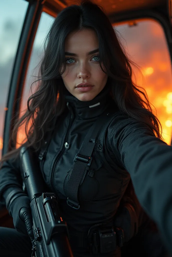 4k realistic photo,   SELFIE beautiful 20-year-old Russian woman ,  long black hair ,  blue eyes,    porcelain skin ,  shiny skin, soft lips .   She has a tight BLACK combat suit,  black belt. Holds a powerful submachine gun. He's in a moving helicopter. I...