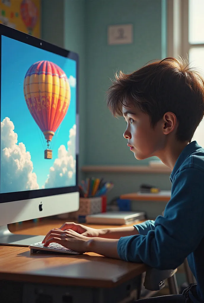 drawing of a  using the computer at school, image of a hot air balloon on a computer screen