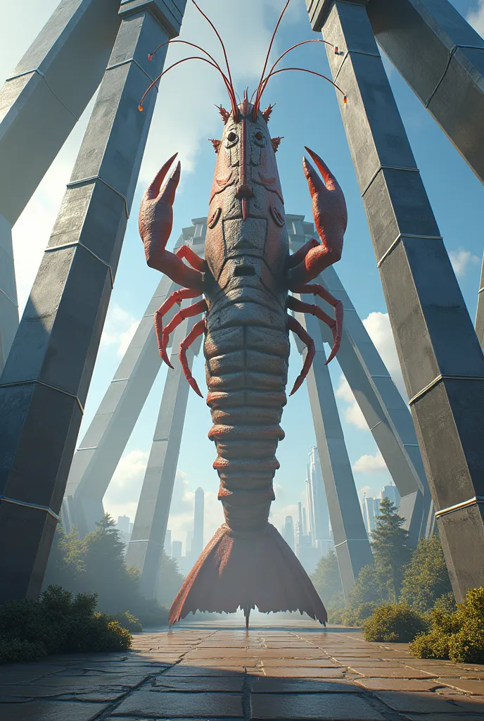 Giant shrimp statue in a metal structure at the entrance to the city 