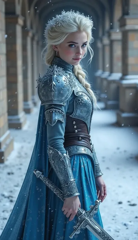 ((Hyperrealistic))((Photorealistic)) Princess Elsa is a "Ice/Paladin with plate armor with helmet/crown made from dark ice" and she wields "Frostmourne", in a Corridor with stone pillar's. She is looking at the viewer. Full-body view. 