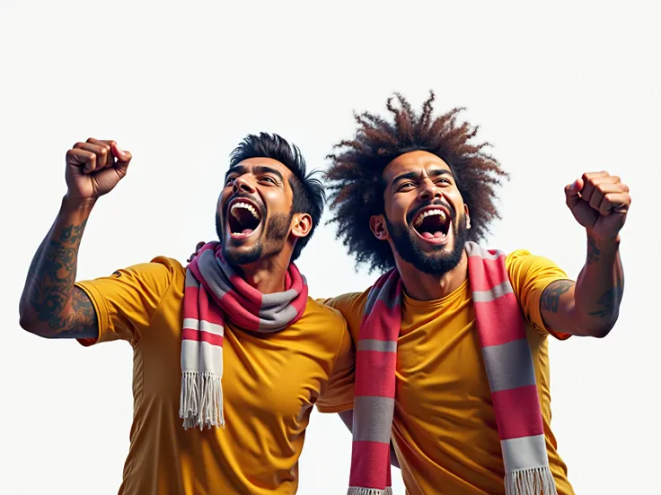 a two happy male latina soccer fans, hey cheer for their team, white background, ultra-detailed, hyperrealistic, 8k, extremely realistic, photorealistic