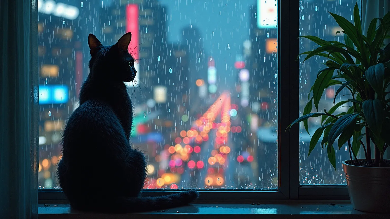 city night on a rainy day,Scenery overlooking the rainy city through a window glass from a high floor,black cat looking outside by the window,has water droplets on the window,outside cityscape(Neon lights and buildings)is fuzzy image,People with colorful u...