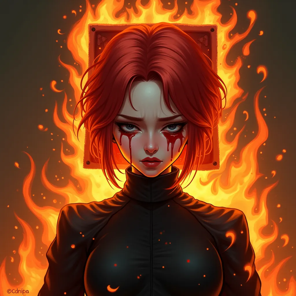 Fire witch with cherry-red square hair crying blood 